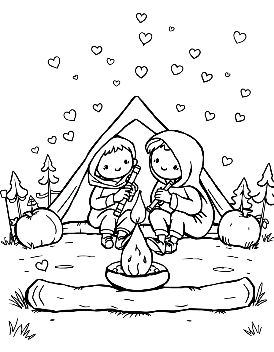 Piccolo camping with friends, with hearts and sparkles around.