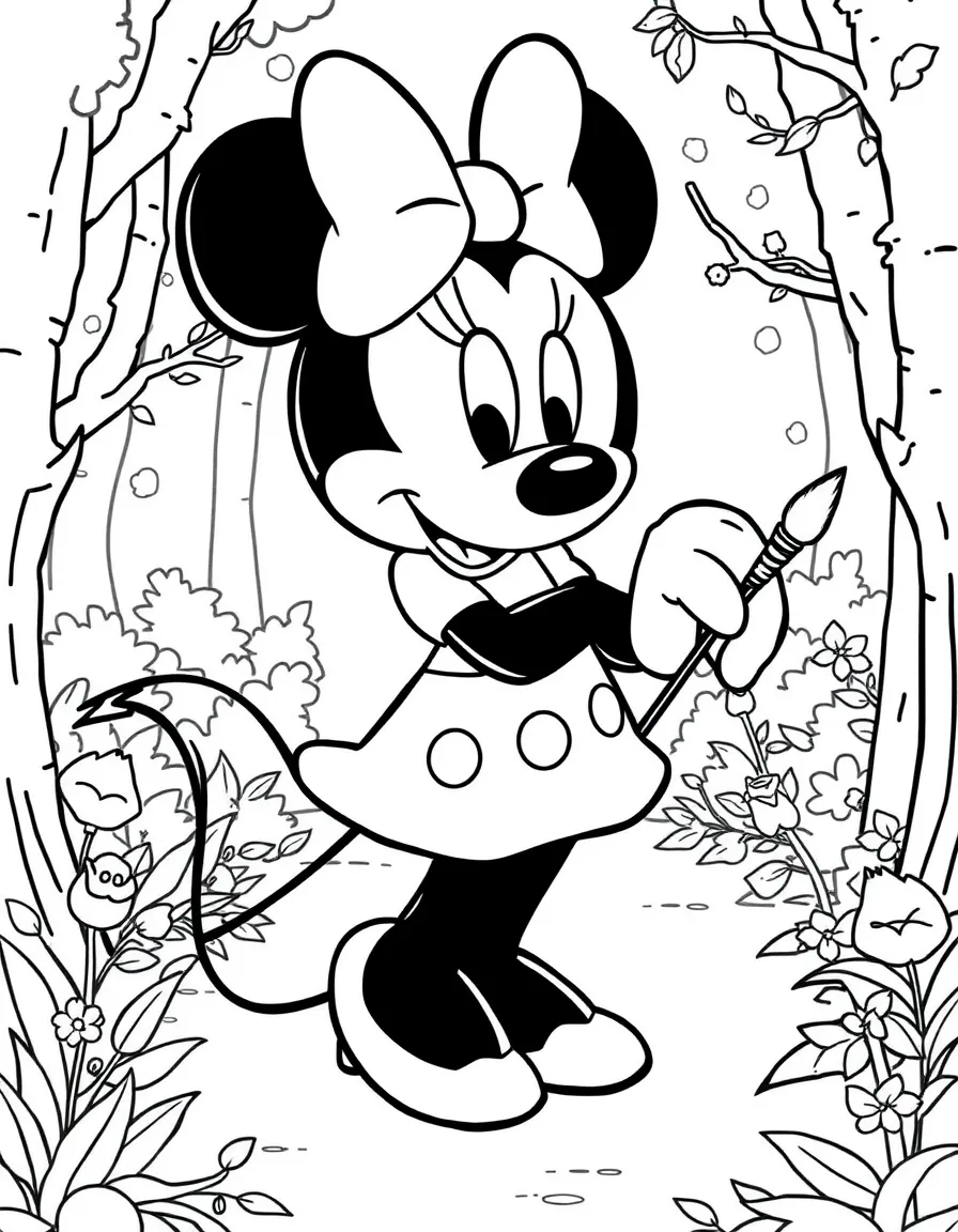 Minnie Mouse painting a picture, in a magical forest setting.