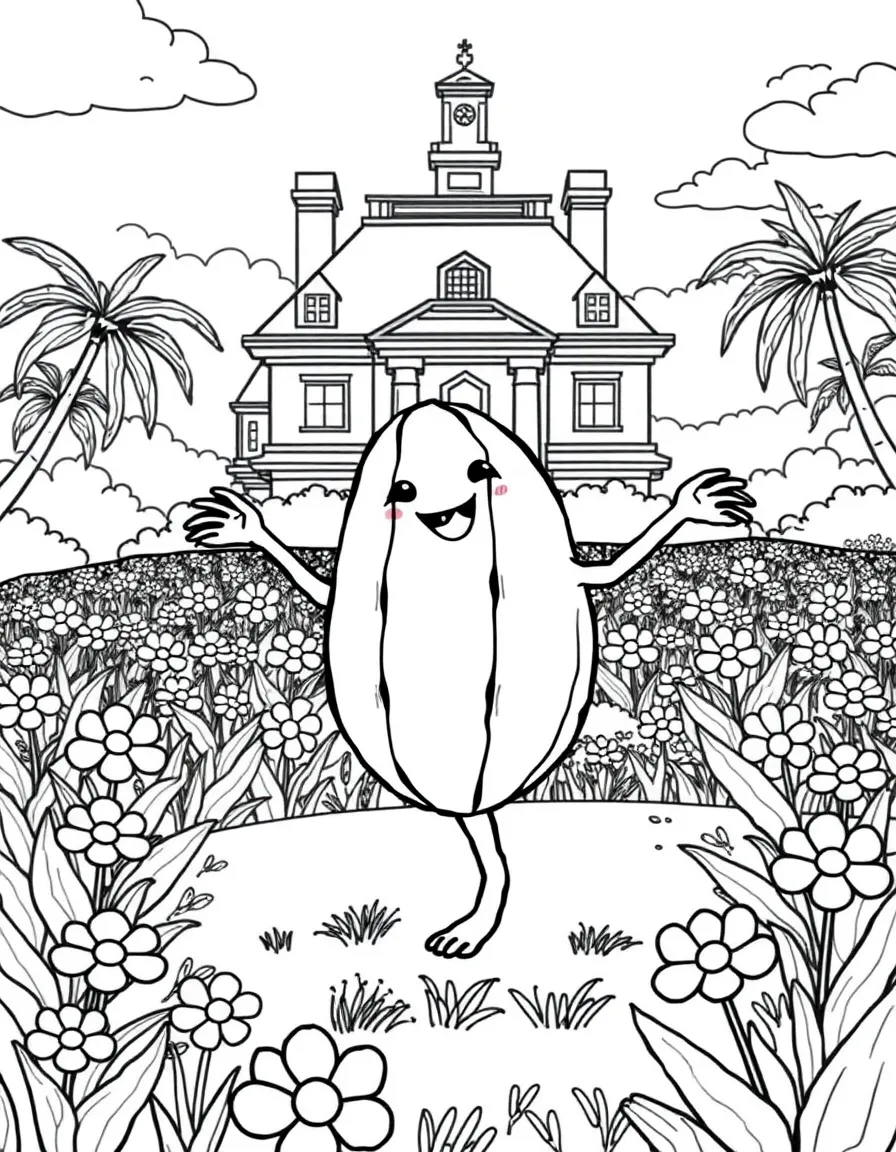 Cocomelon dancing in a field of flowers, in front of their famous house or scene.