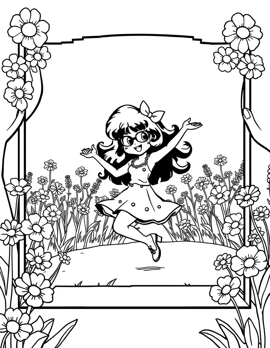 Velma dancing in a field of flowers, inside a comic book frame.