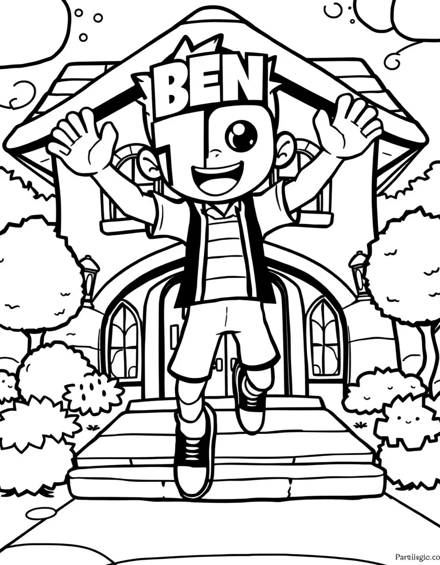 Ben 10 jumping with joy, in front of their famous house or scene.