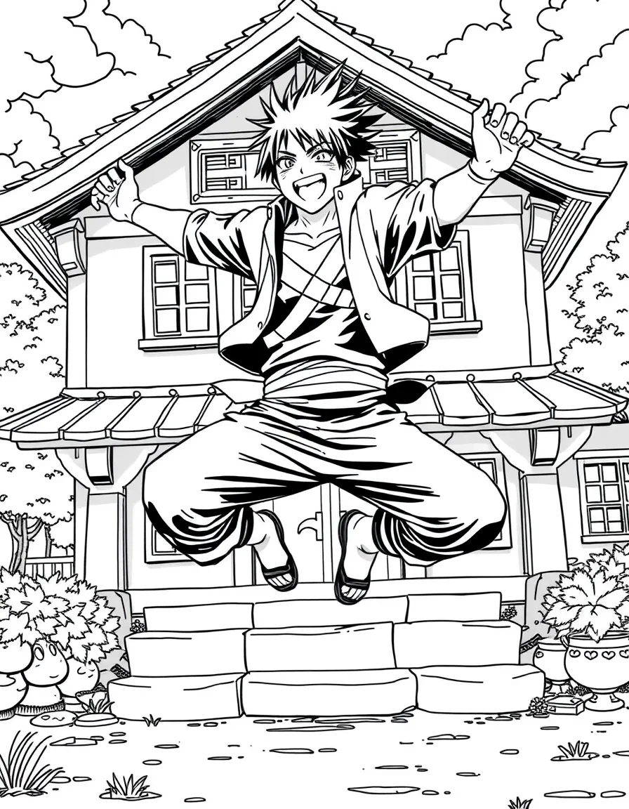 Sasuke jumping with joy, in front of their famous house or scene.