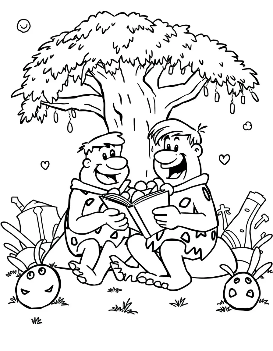 The Flintstones reading a book under a tree, with fun background elements.