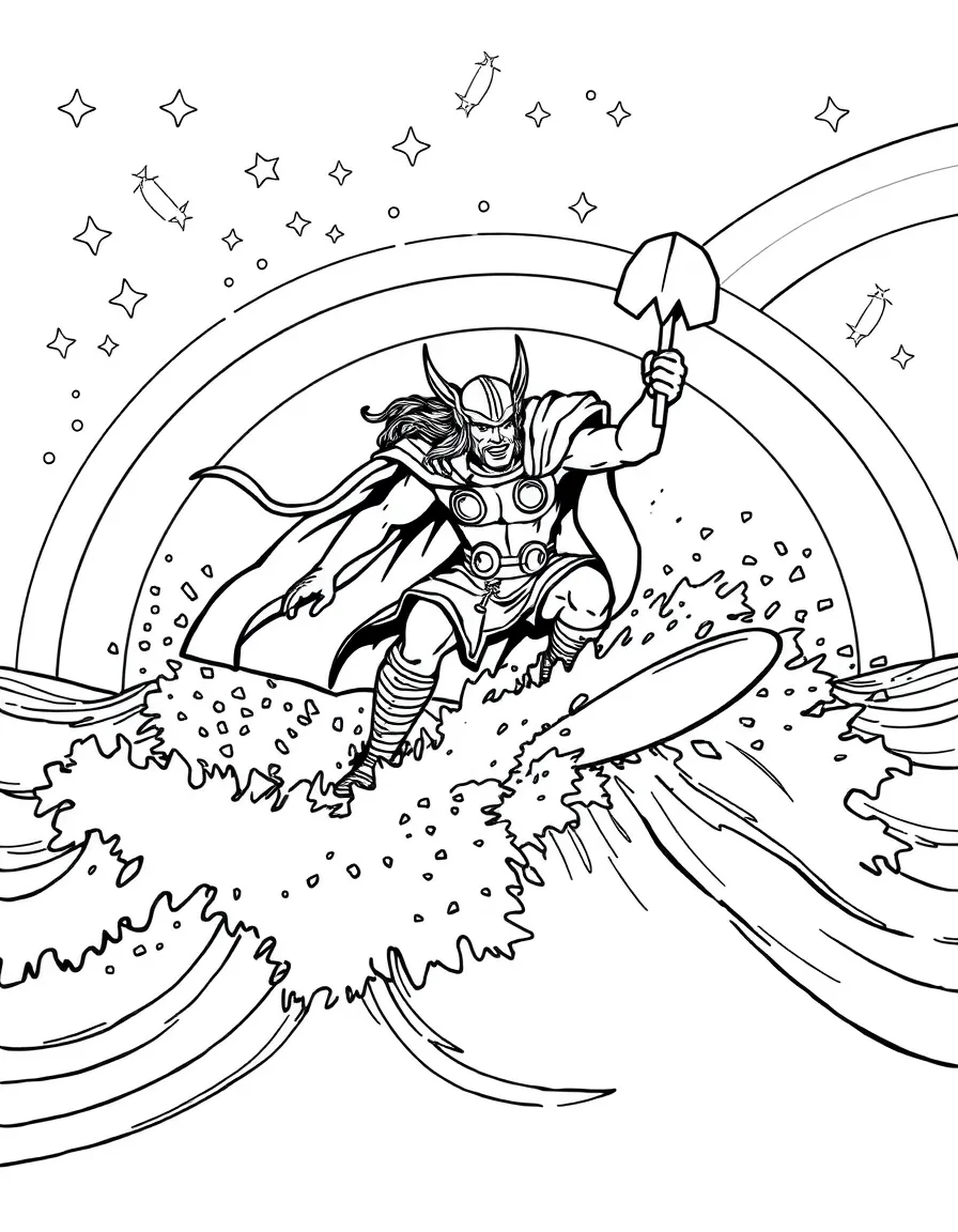 Thor surfing on waves, with stars and rainbows in the background.