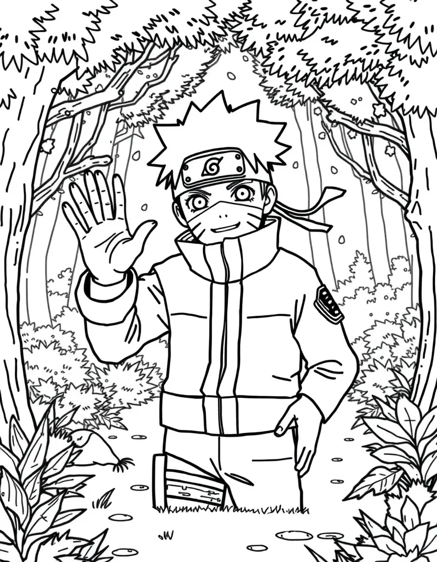 Naruto waving hello, in a magical forest setting.