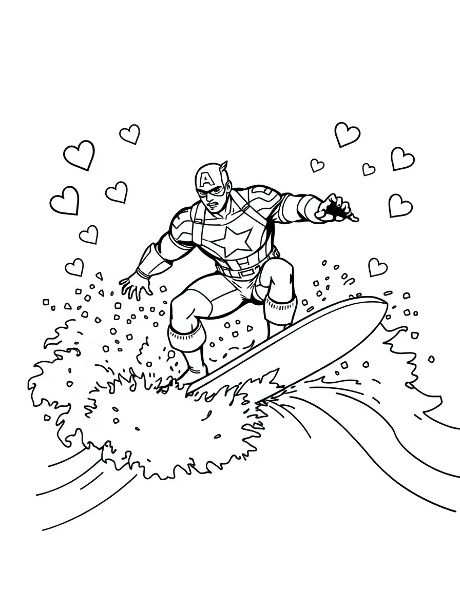 Captain America surfing on waves, with hearts and sparkles around.