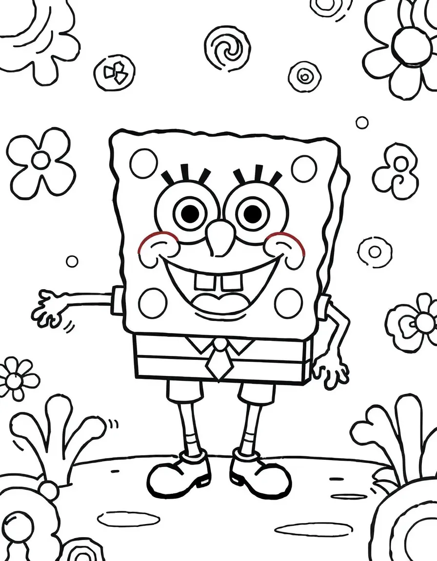 SpongeBob SquarePants painting a picture, with playful patterns around.