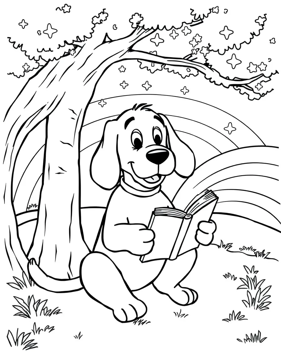 Clifford the Big Red Dog reading a book under a tree, with stars and rainbows in the background.