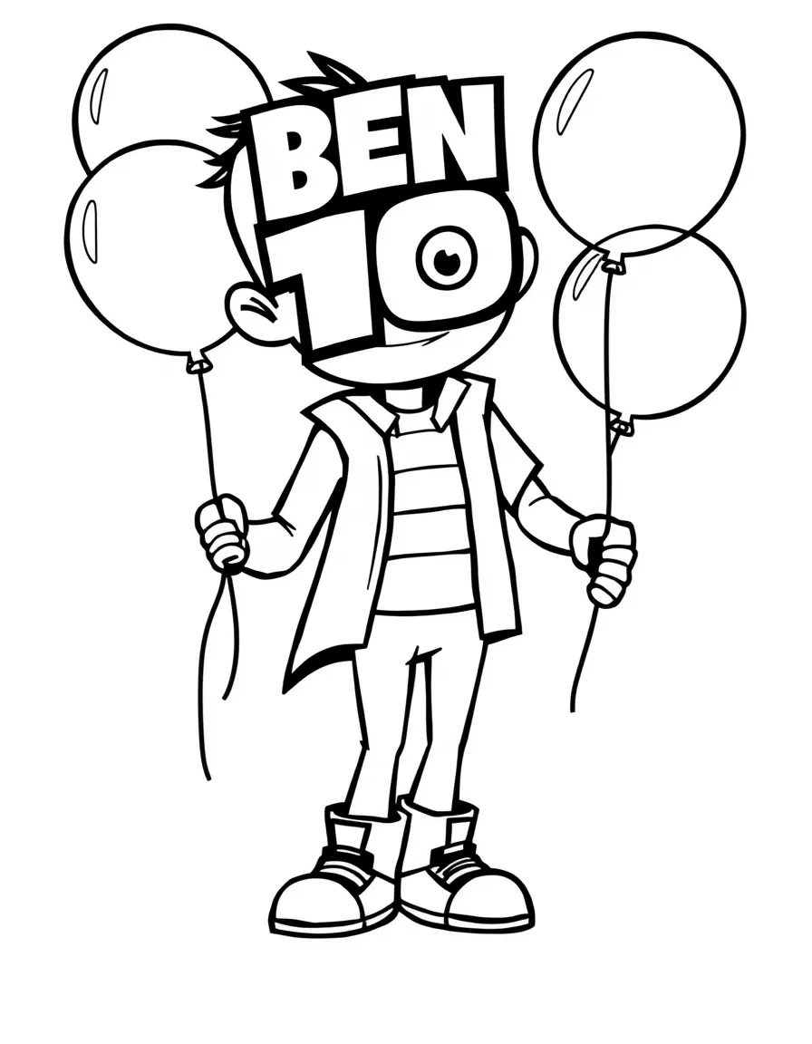 Ben 10 playing with balloons, with big bold outlines for easy coloring.