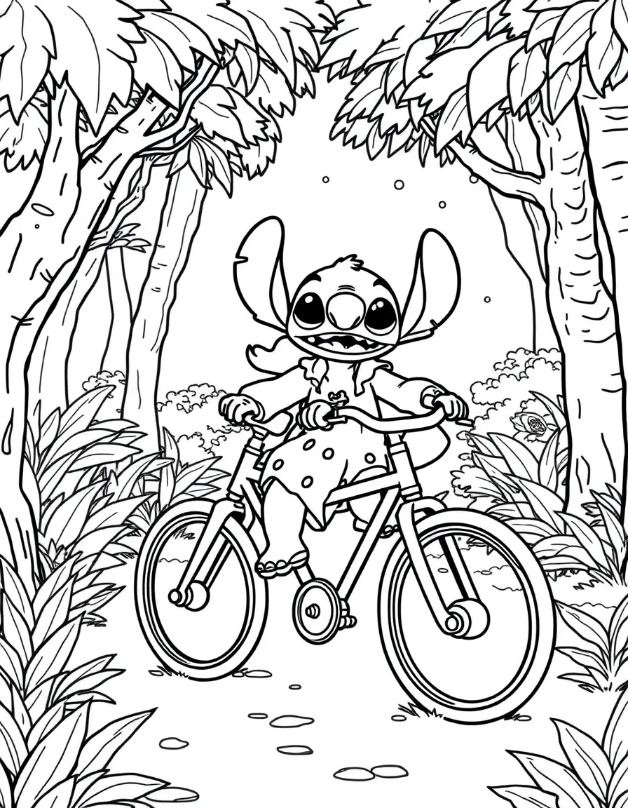 Lilo and Stitch riding a bicycle, in a magical forest setting.