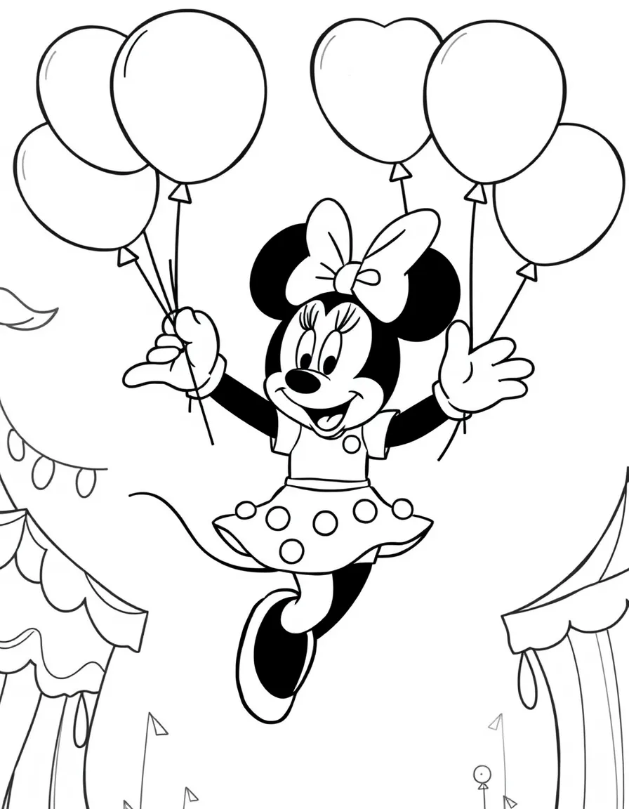 Minnie Mouse flying with balloons, at a carnival with colorful decorations.