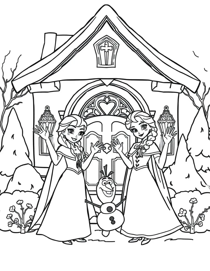 Frozen Characters waving hello, in front of their famous house or scene.