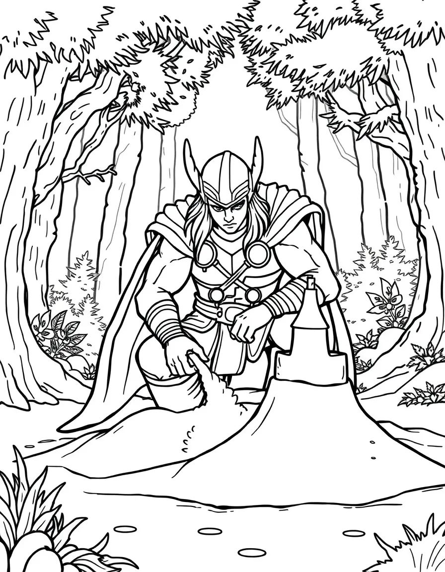 Thor building a sandcastle, in a magical forest setting.