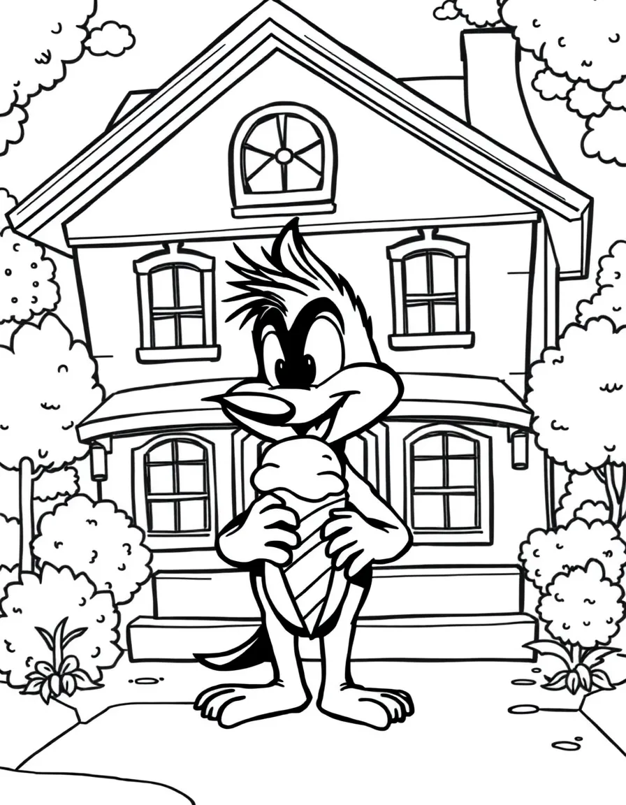 Sylvester enjoying an ice cream cone, in front of their famous house or scene.