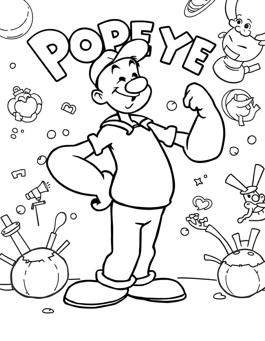 Popeye posing heroically, with fun background elements.