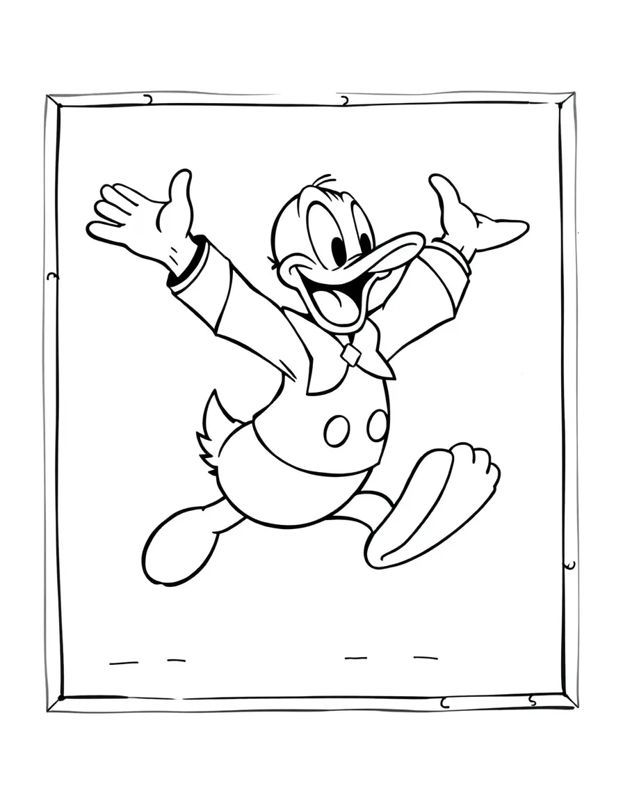 Donald Duck jumping with joy, inside a comic book frame.