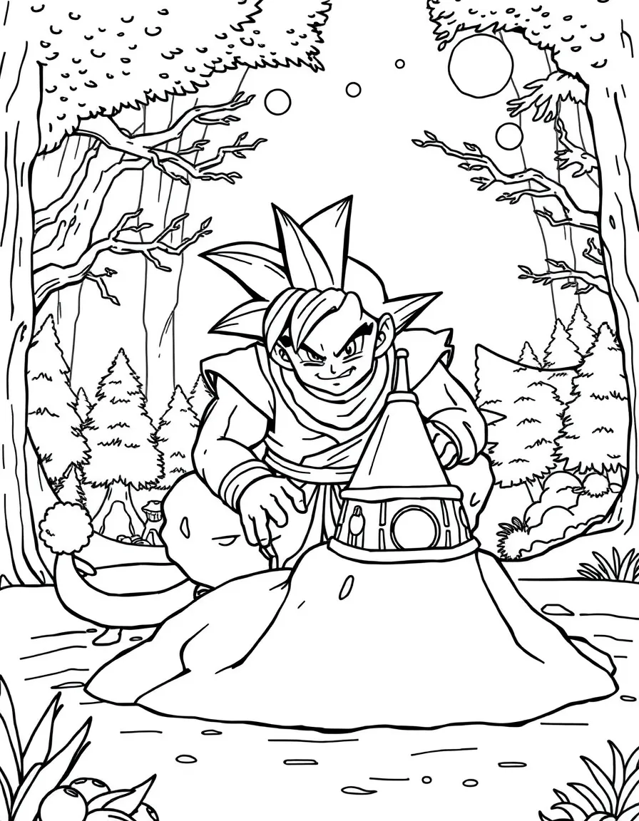 Dragon Ball Z building a sandcastle, in a magical forest setting.