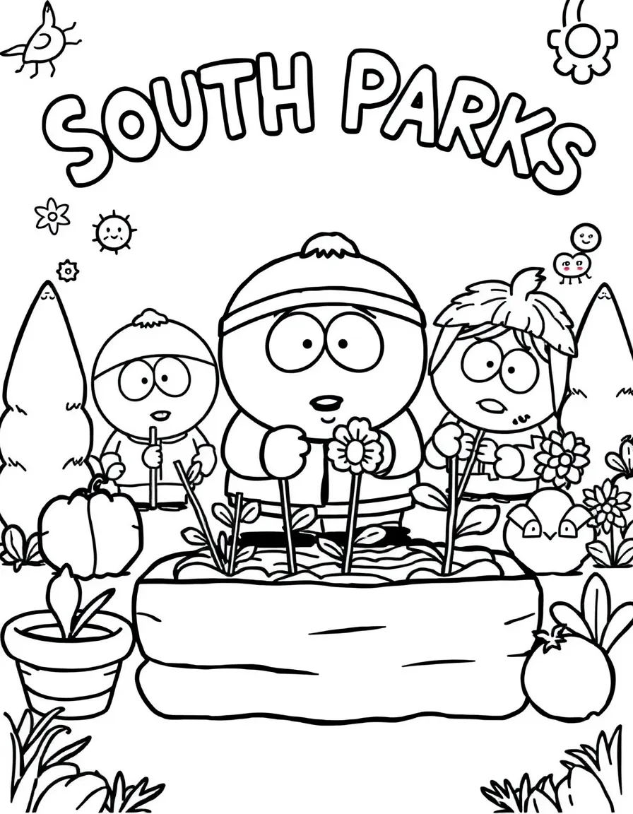 South Park gardening, with fun background elements.