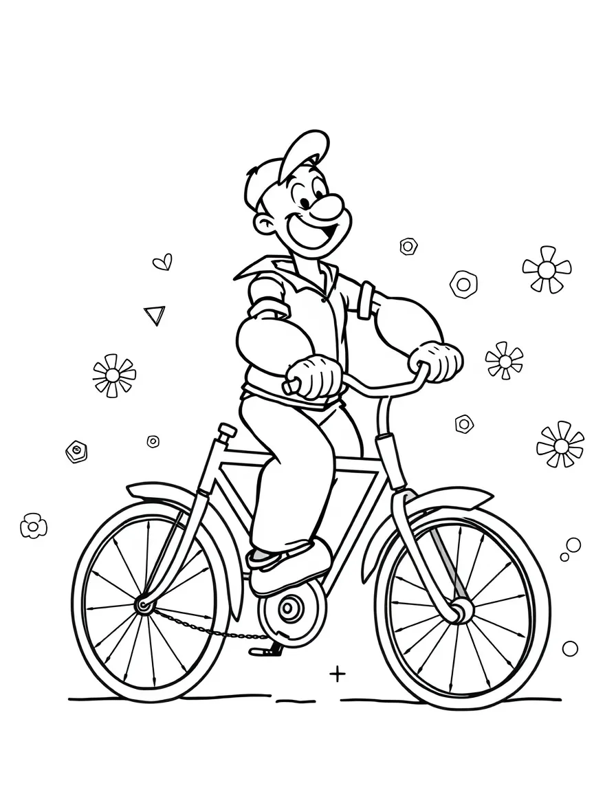Popeye riding a bicycle, with playful patterns around.