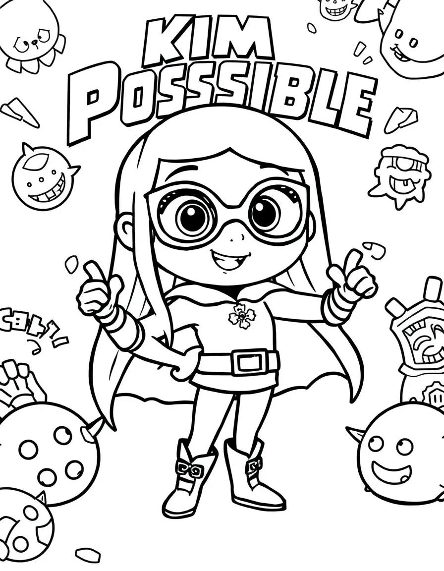 Kim Possible posing heroically, with fun background elements.