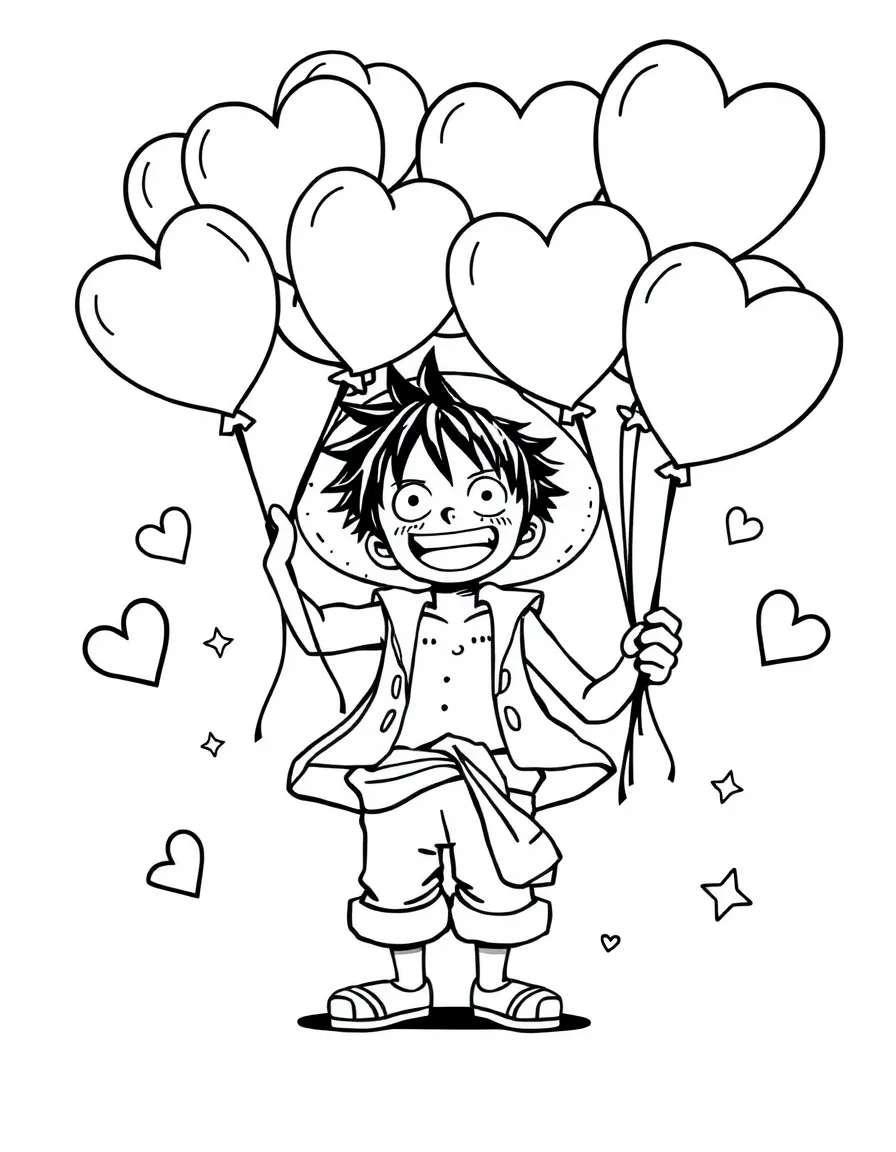 Luffy playing with balloons, with hearts and sparkles around.