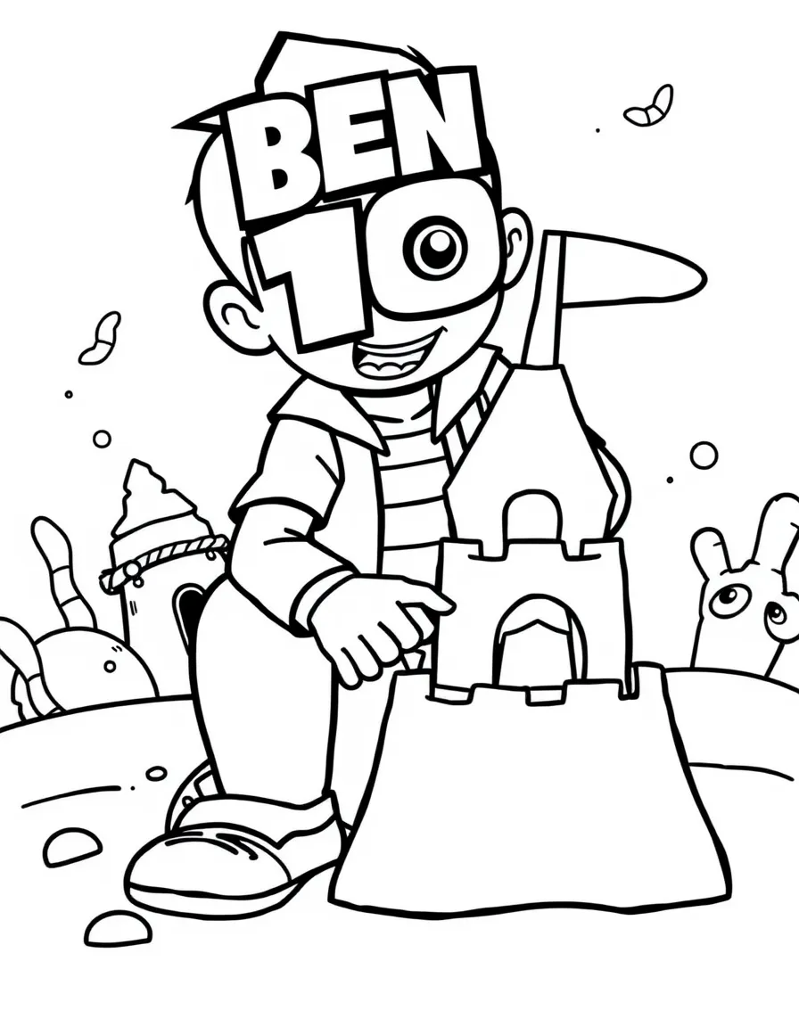 Ben 10 building a sandcastle, with fun background elements.