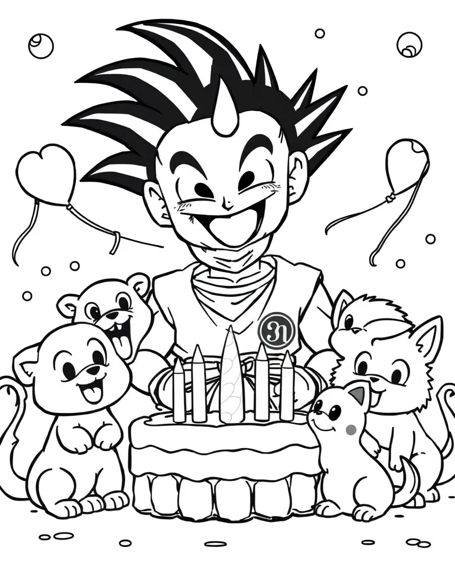 Dragon Ball Z celebrating a birthday, surrounded by friendly animals.