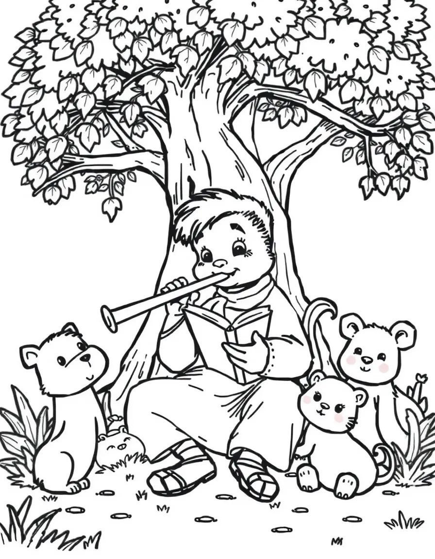 Piccolo reading a book under a tree, surrounded by friendly animals.