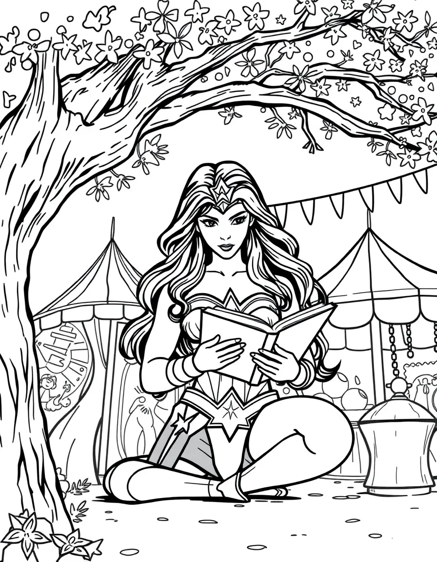 Wonder Woman reading a book under a tree, at a carnival with colorful decorations.