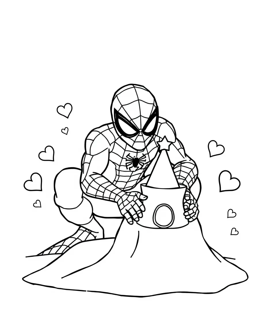 Spider-Man building a sandcastle, with hearts and sparkles around.