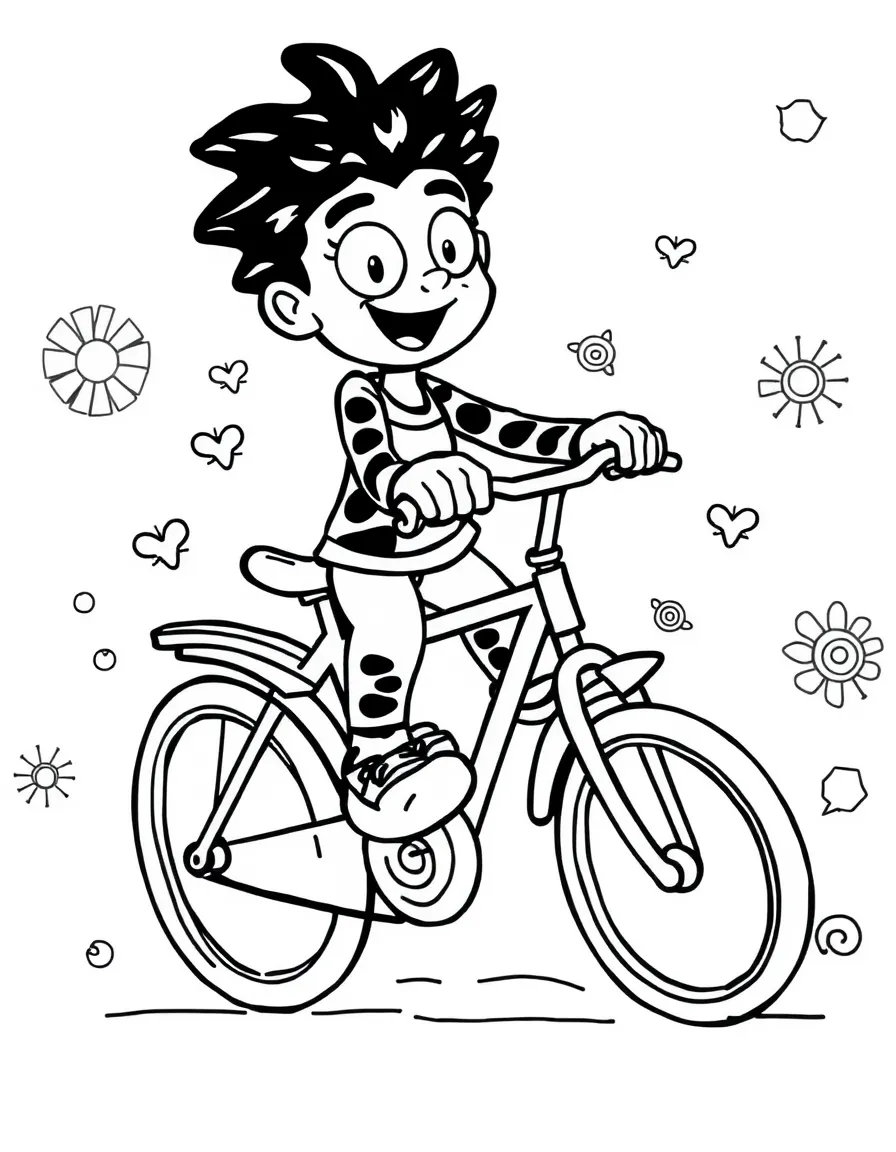Zoro riding a bicycle, with playful patterns around.