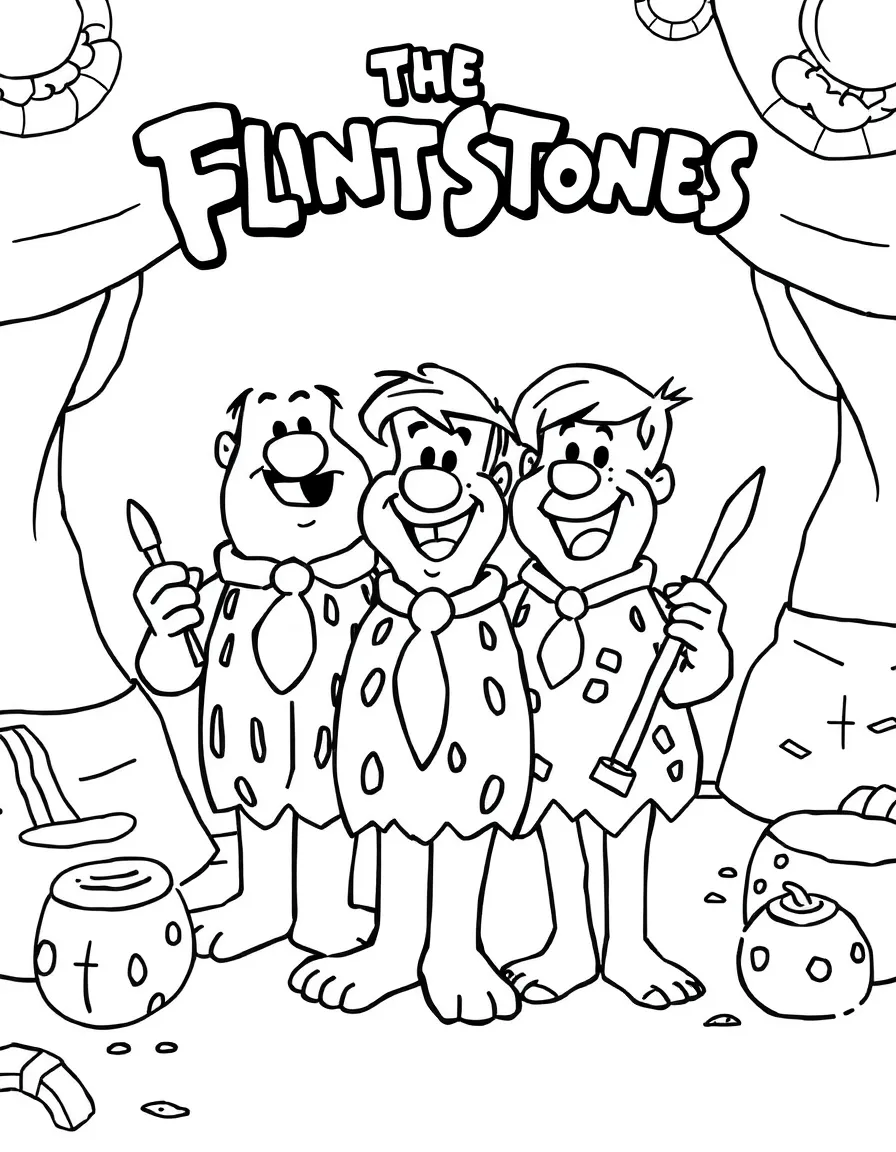 The Flintstones painting a picture, with fun background elements.