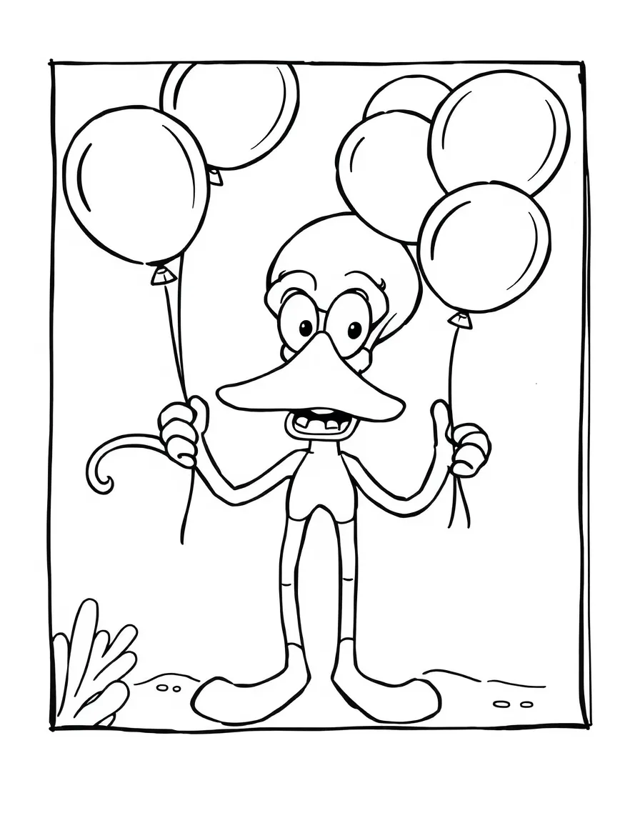 Squidward Tentacles playing with balloons, inside a comic book frame.