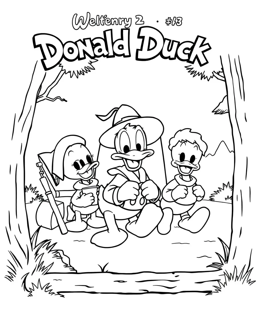 Donald Duck camping with friends, inside a comic book frame.