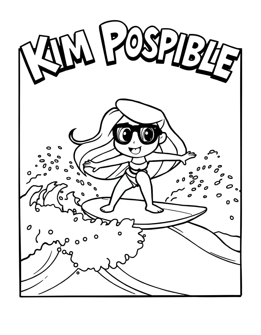 Kim Possible surfing on waves, inside a comic book frame.