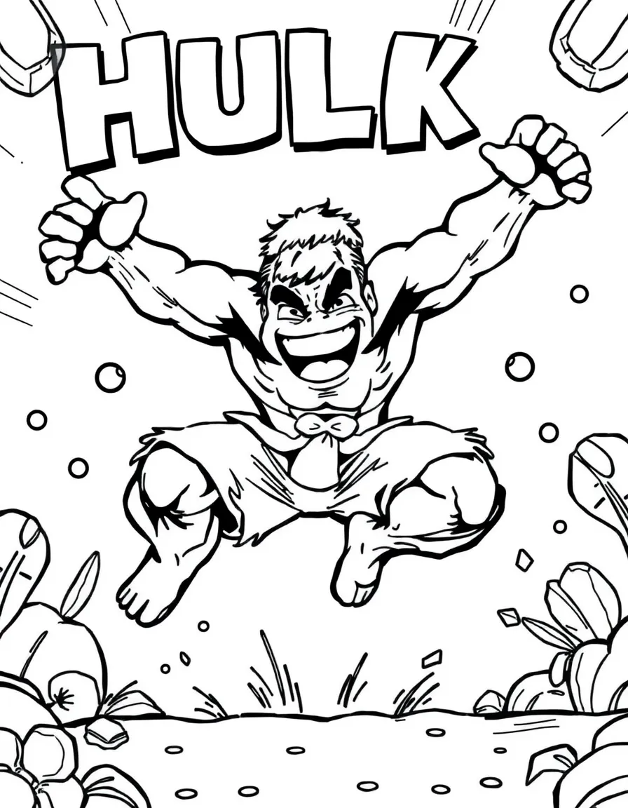 Hulk jumping with joy, with fun background elements.