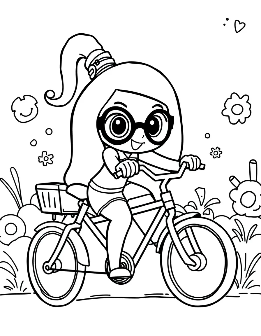 Kim Possible riding a bicycle, with fun background elements.