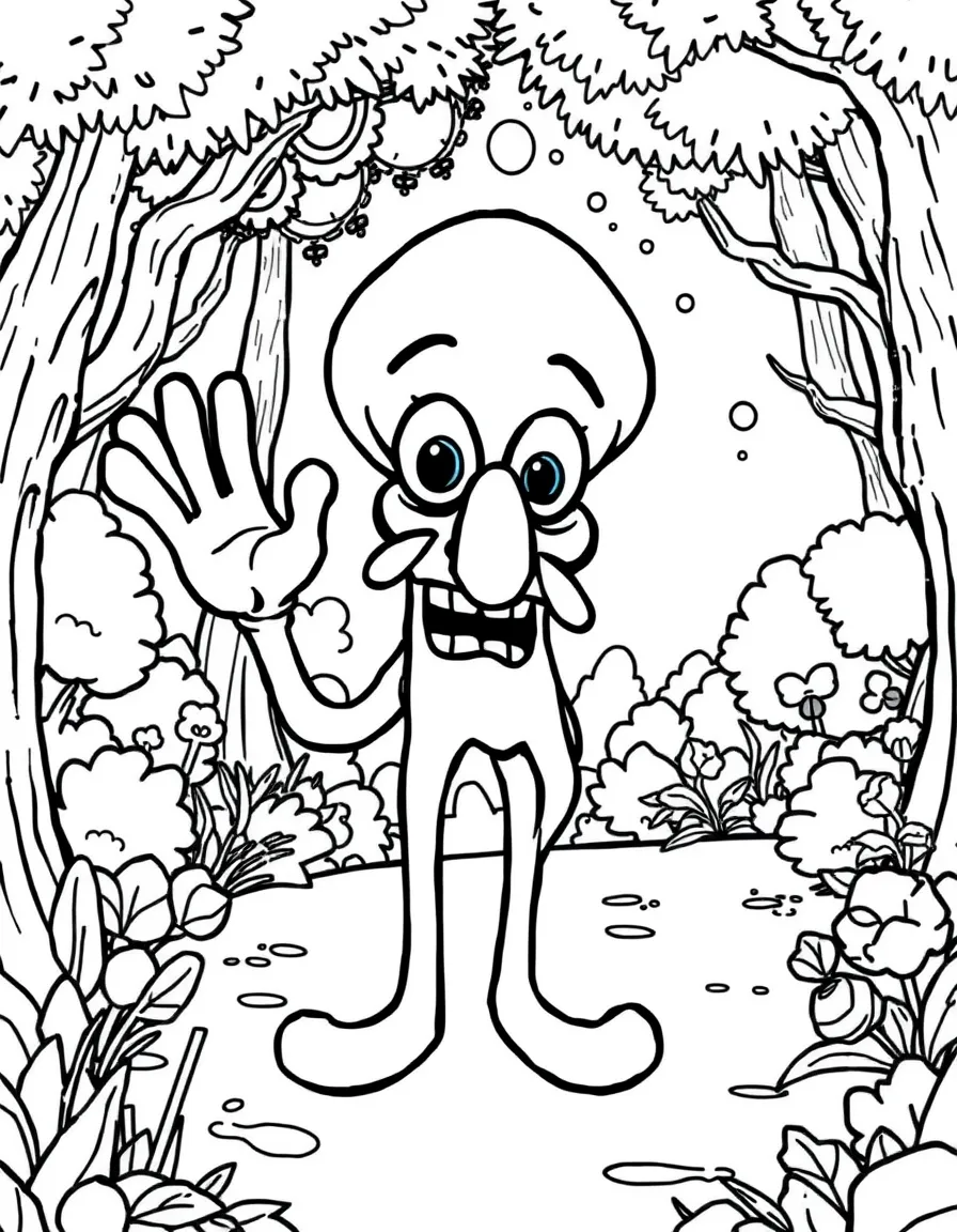 Squidward Tentacles waving hello, in a magical forest setting.