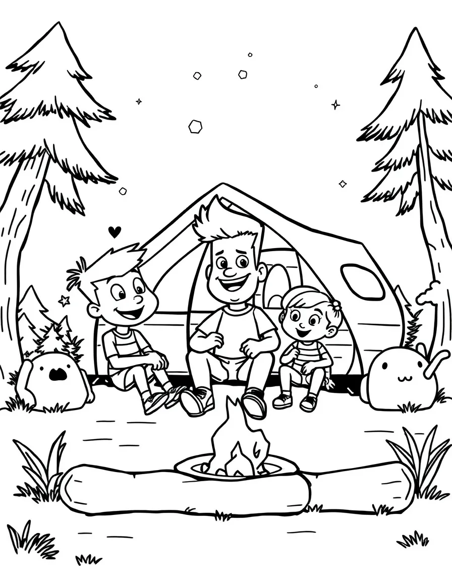 Johnny Bravo camping with friends, with big bold outlines for easy coloring.