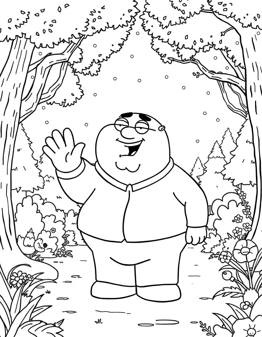 Family Guy waving hello, in a magical forest setting.