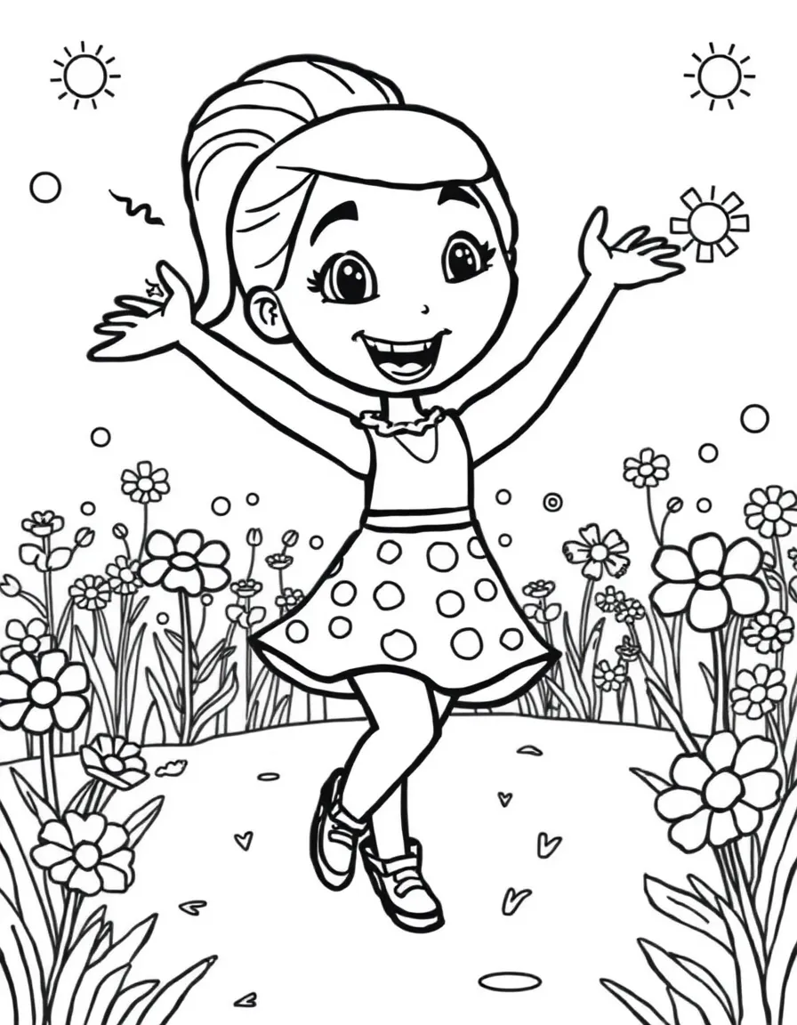 Kim Possible dancing in a field of flowers, with fun background elements.