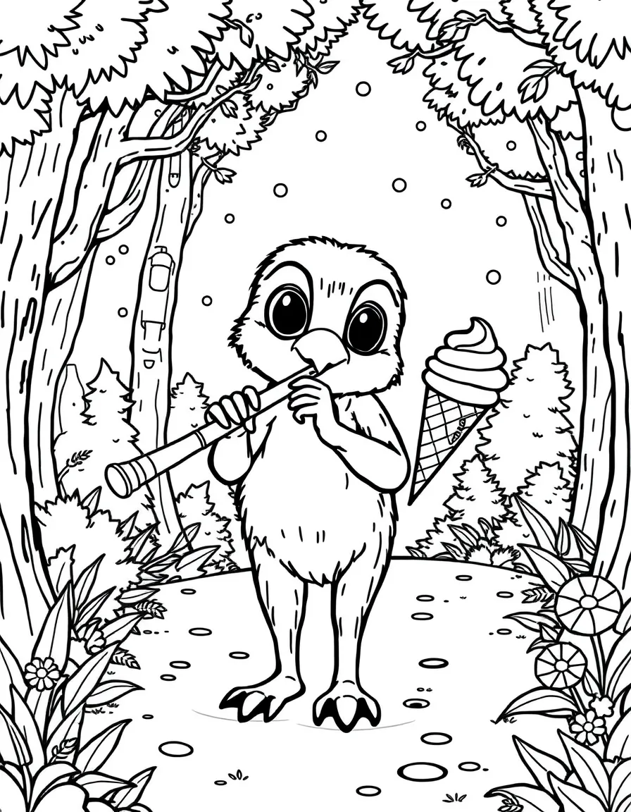 Piccolo enjoying an ice cream cone, in a magical forest setting.
