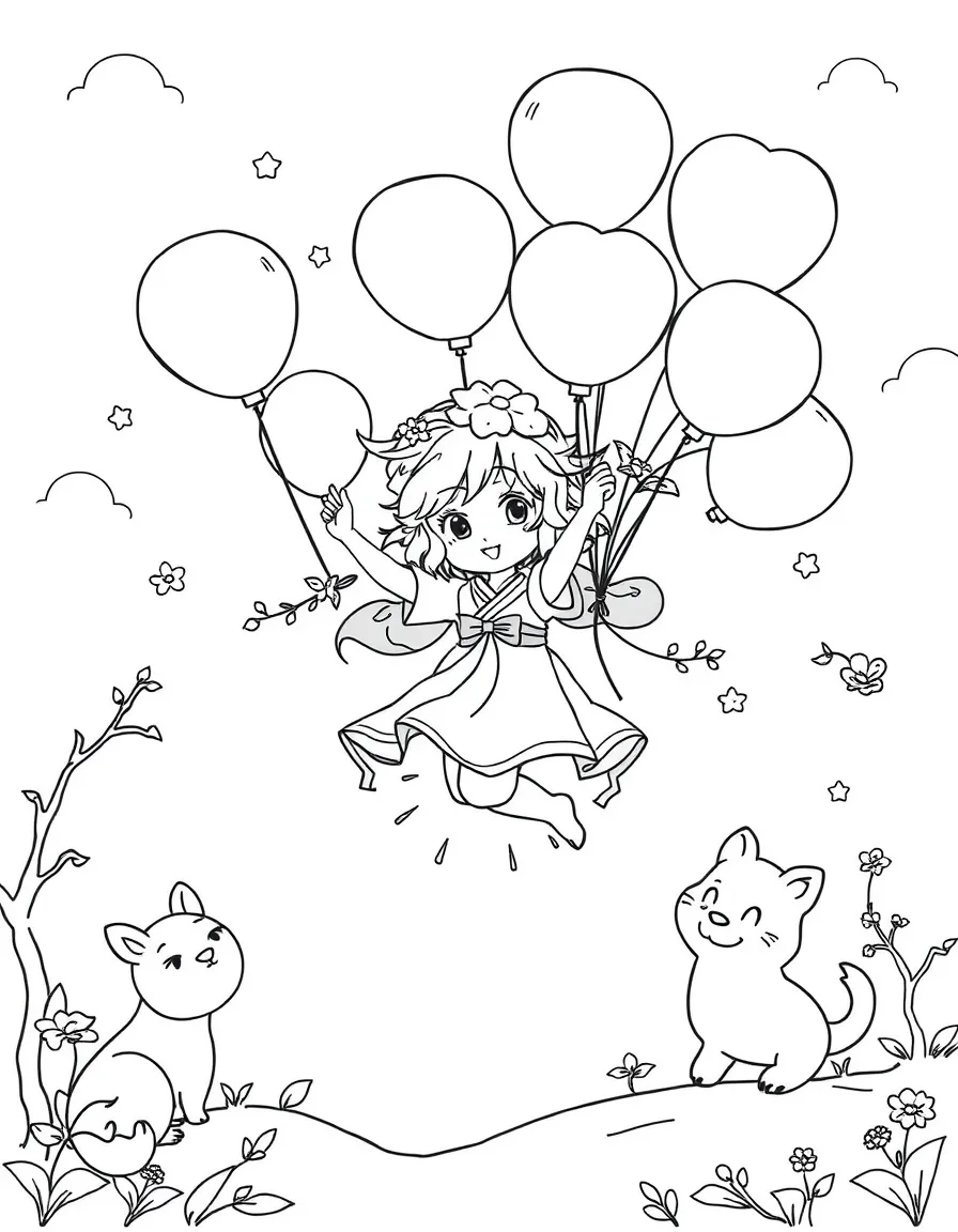 Sakura flying with balloons, surrounded by friendly animals.