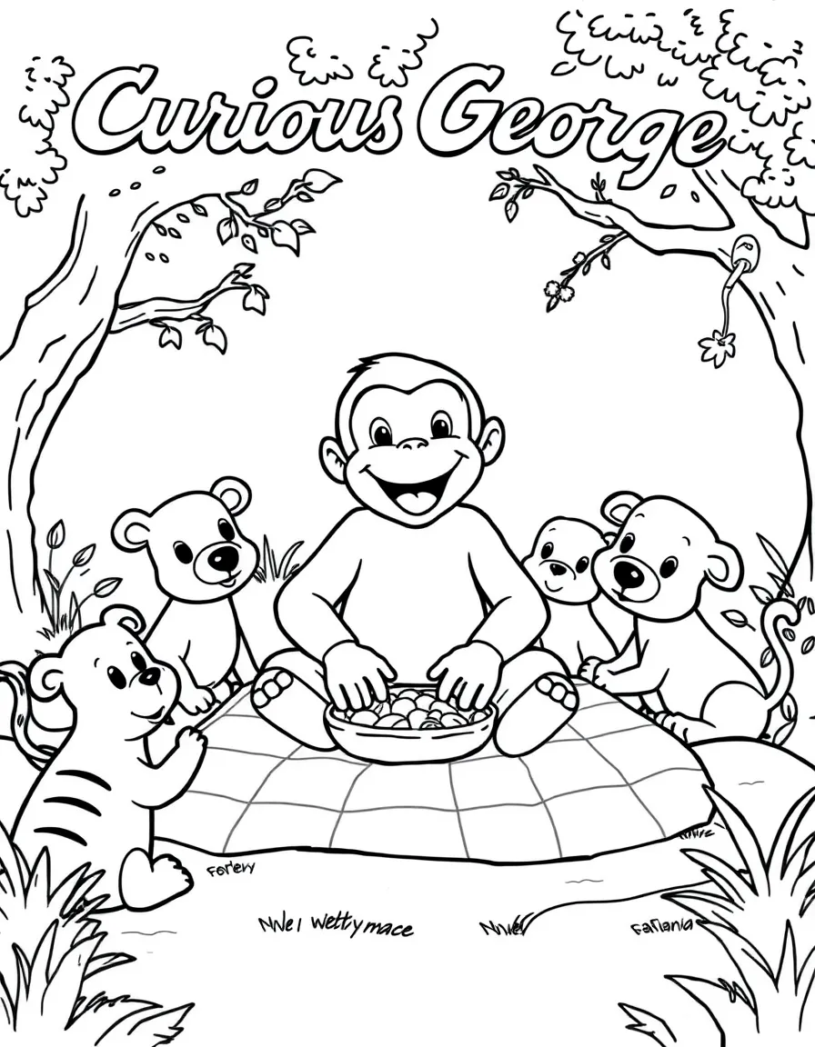 Curious George having a picnic, surrounded by friendly animals.