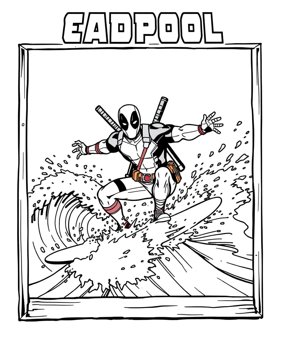 Deadpool surfing on waves, inside a comic book frame.