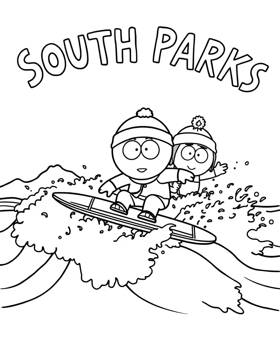 South Park surfing on waves, with big bold outlines for easy coloring.