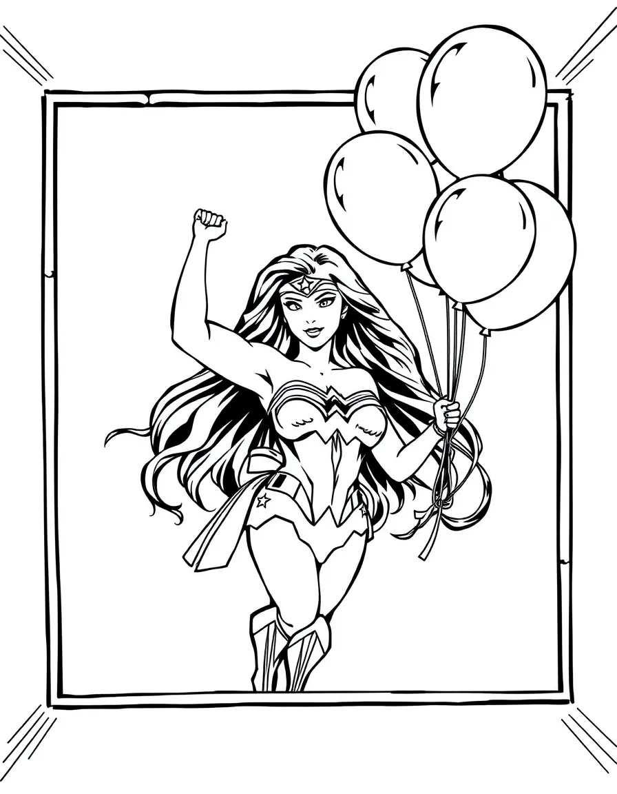 Wonder Woman playing with balloons, inside a comic book frame.