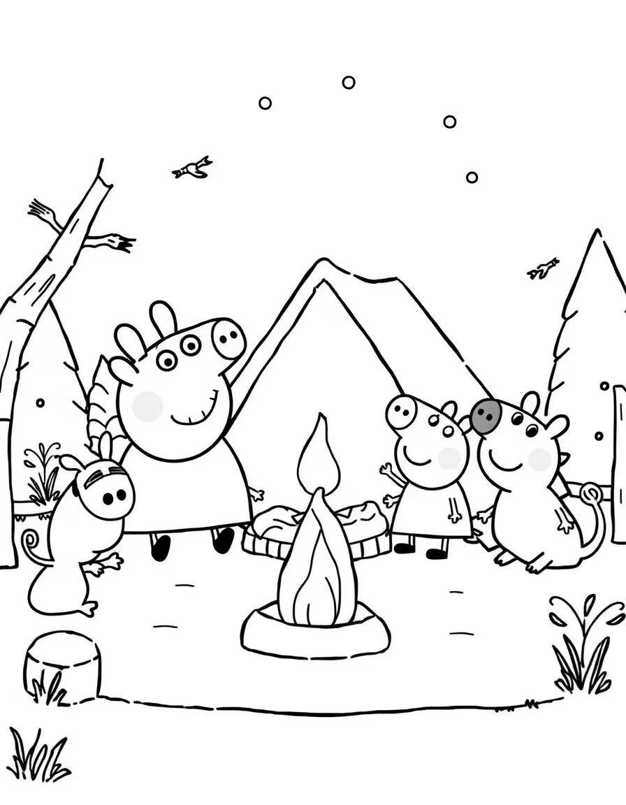 Peppa Pig camping with friends, surrounded by friendly animals.