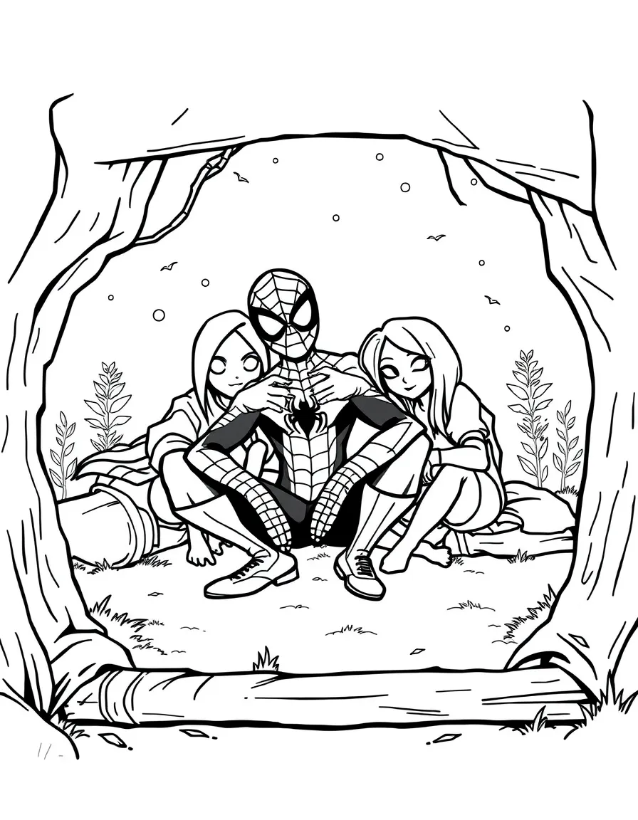 Spider-Man camping with friends, inside a comic book frame.