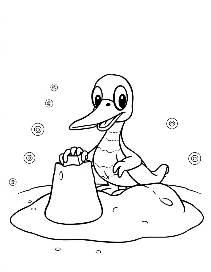 Perry the Platypus building a sandcastle, with playful patterns around.